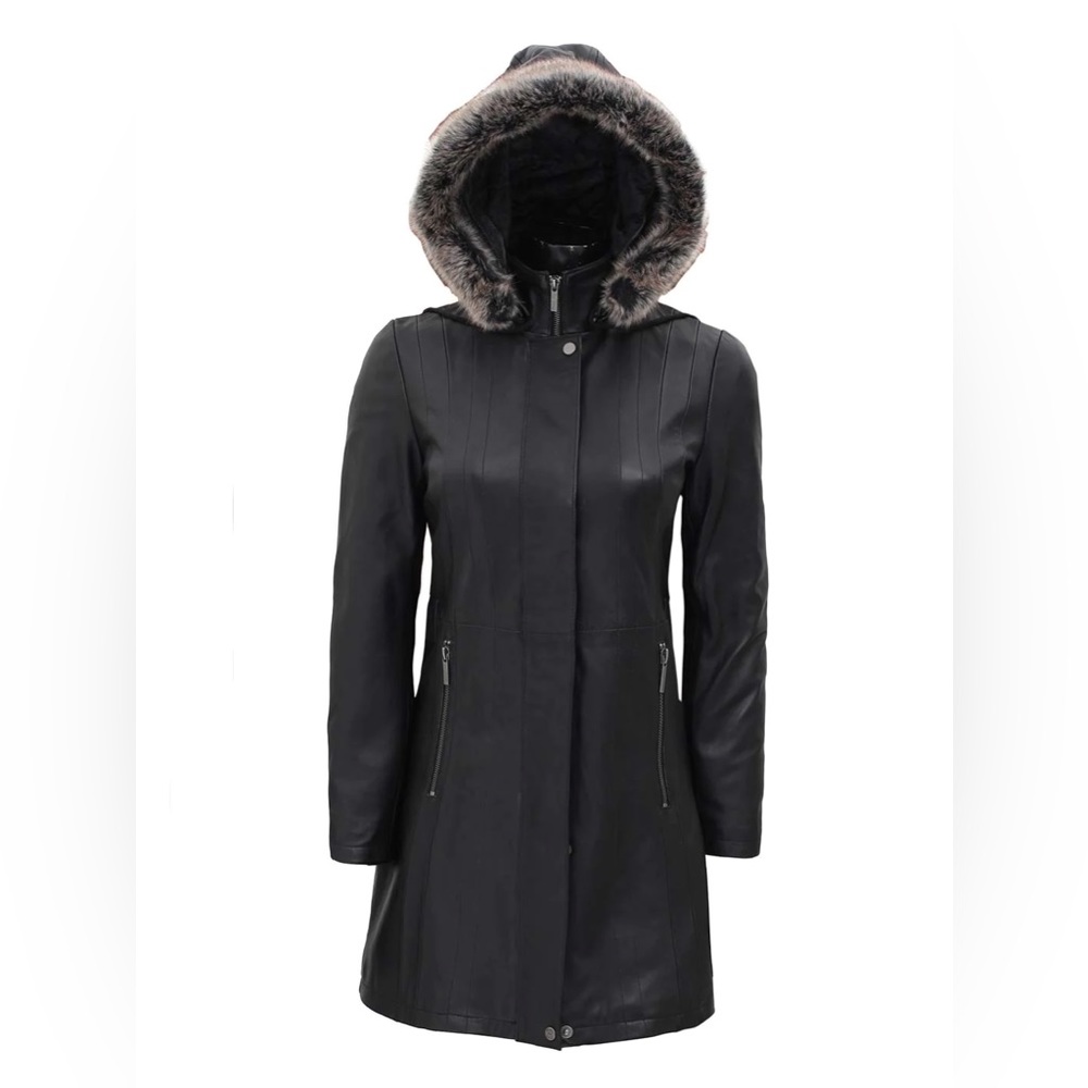🦐Jean Shearling Collar Women Coat Black Real Leather